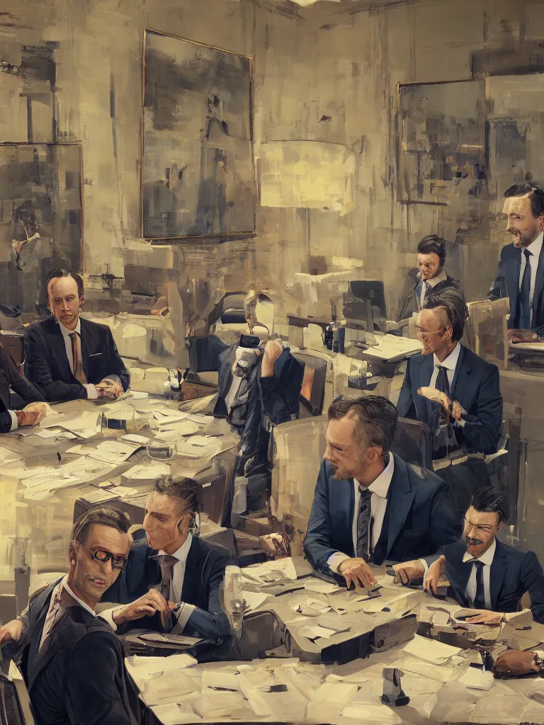 Prompt: a portrait of men in suits with tie sitting on a large table and discussing the world in a painting from stalenhag, 4 k, 8 k, hdr, artstation, concept art