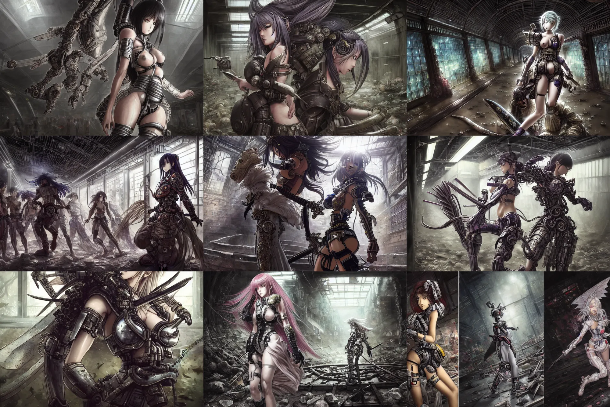 Prompt: Ultra realistic illustration, incredible Japanese manga panels showing an incredibly beautiful and alluring, beautiful cyborg warrior priestess battling zombies in an abandoned Tokyo subway station, D&D, fantasy, intricate, elegant, highly detailed, digital painting, concept art, smooth, sharp focus, illustration, art by artgerm and Masamune Shirow and greg rutkowski and alphonse mucha and WLOP and Shonen Jump, set in post apocalyptic Tokyo, overgrown plants, dapped light, large draped cloth, tissue ornament, dark fantasy, feminine figure, smooth skin, gorgeous, pretty face, beautiful fashion model body, high detail, hyper realistic, digital illustration, trending on artstation