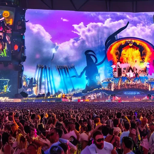 Image similar to A donkey DJ is shown on a giant screen at tomorrowland, 8k