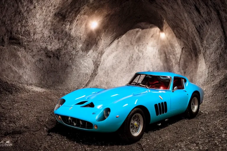 Prompt: cinematography of Ferrari 250 GTO series 2 in a blue ice cave by Emmanuel Lubezki