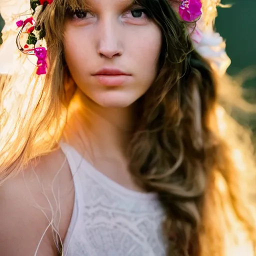 Prompt: a portrait of a young girl with wavey long hair, there is a bird on her head, there's flowers everywhere, very beautiful ambient light with sun rays hitting her hair, 8k photography, wedding photography