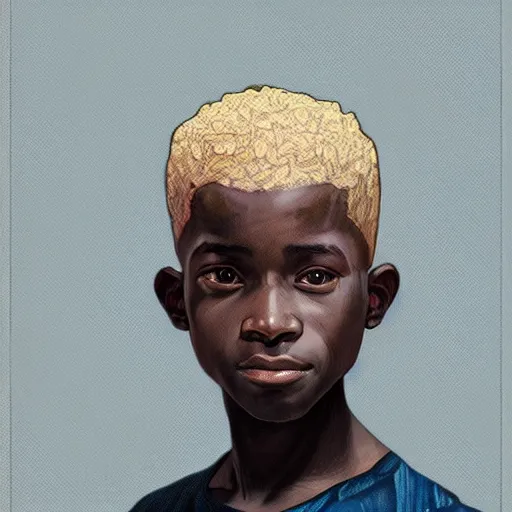 Image similar to colourful upper half - caricature - portrait of an african boy, art by hsiao - ron cheng & alphonse mucha, caricature, highly detailed, digital painting, ray tracing, concept art, illustration, smooth sharp focus, intricate, symmetry, artstation,