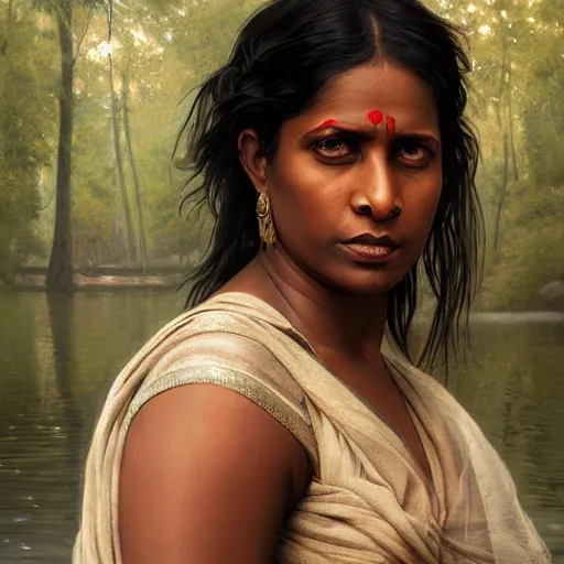 Prompt: portrait painting of a black muscular bloodied indian middle aged woman in river, sari, ultra realistic, concept art, intricate details, eerie, horror, highly detailed, photorealistic, octane render, 8 k, unreal engine. art by artgerm and greg rutkowski and alphonse mucha