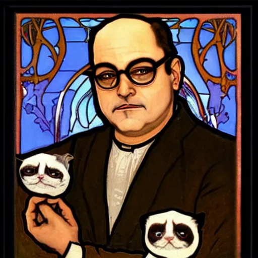 Image similar to “ george costanza from seinfeld holding grumpy cat above his head, holy light, art nouveau, by alphonse mucha ”