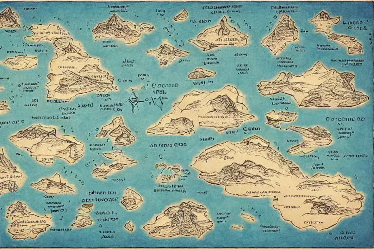 Image similar to imaginary map of an island, drawing of different elements in the lands, different realms, blueprint, infographic, on paper, natural colors, vintage, with notes, highly detailed, trending on artstation, fantasy art