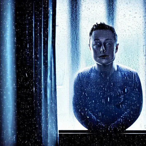 Image similar to dark photo of dark blue rainy bedroom window at night, creepy face of elon musk staring in through the window, horror,