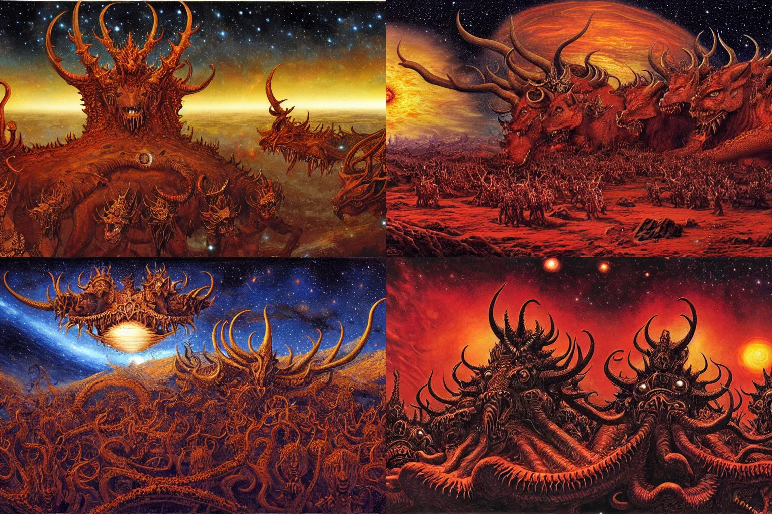 Prompt: diadems, crowns, on a ten horned beast with seven heads, fiery red, detailed, intricate, matte painting by Les Edwards, Jim Burns and Michael Whelan, in background starry night sky and distant earth, milky way