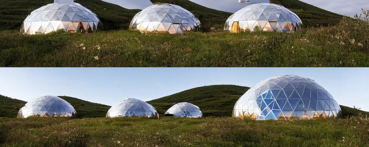 Image similar to spectacular dome house by kristoffer tejlgaard, earthship, optimus sun orientation, north hemisphere, spain, geodesic architecture, biodome homes, fuller