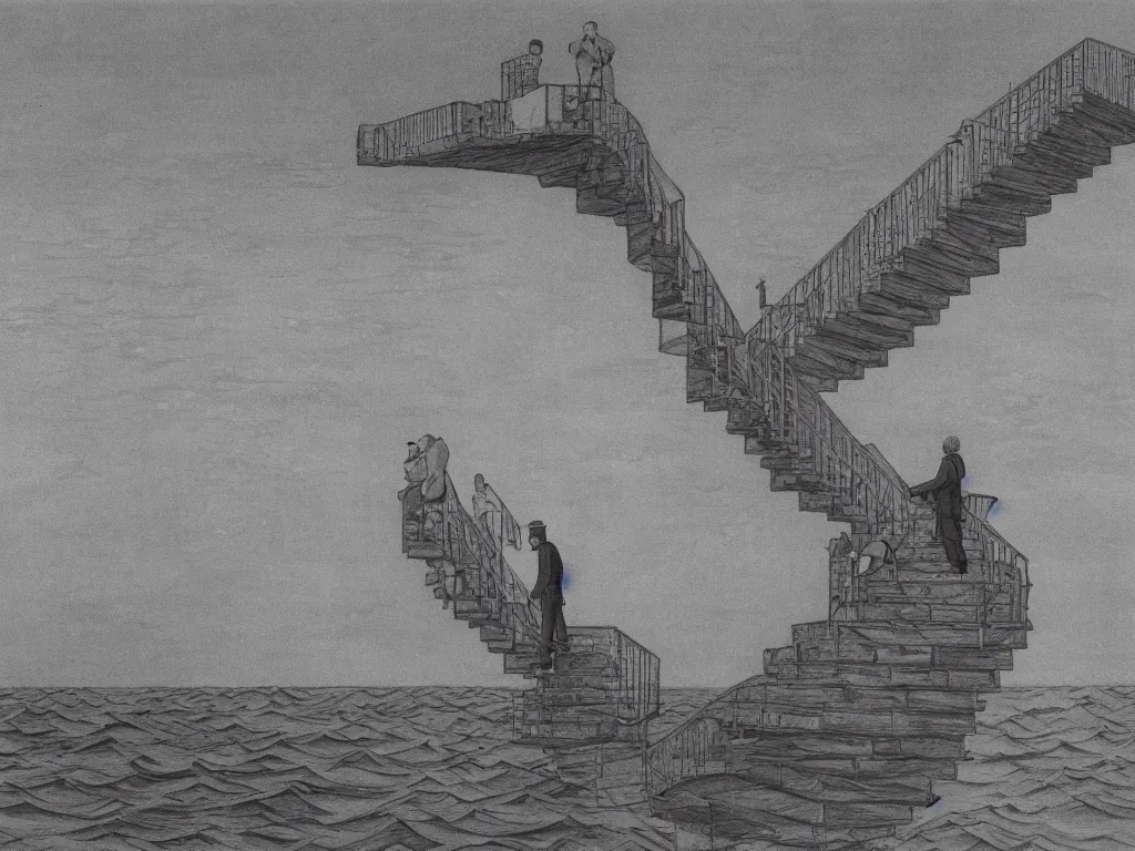 Prompt: lithograph printed in 1966. It depicts a man in a art gallery viewing a print of a seascape. The man\'s reflection is seen in the print, and the reflection shows the man walking down a staircase. The staircases in the print appear to be infinite, By M. C. Escher, colorized by Hayao Miyazaki