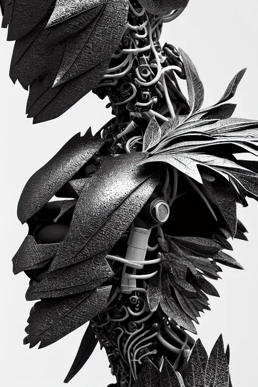 Image similar to monochrome close - up profile face, black background, beautiful young porcelain bio - mechanical vegetal - dragon - cyborg - female, white metallic armour, silver gold details, magnolia leaves and stems, roots, mandelbot fractal, 1 5 0 mm, beautiful natural soft rim light, elegant, hyper real, ultra detailed, octane render, 1 6 k