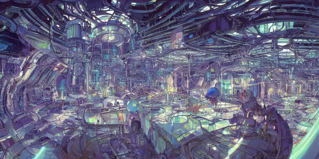 Prompt: goa psytrance spaceship factory, art by makoto shinkai and alan bean, yukito kishiro