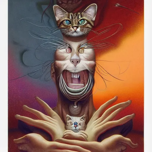 Image similar to a cat having an ego trip, by alex grey, by Esao Andrews and Karol Bak and Zdzislaw Beksinski and Zdzisław Beksiński, trending on ArtStation