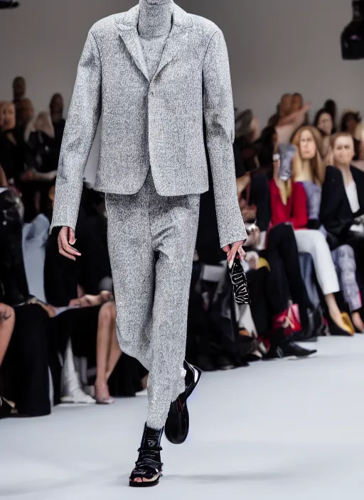 Prompt: hyperrealistic and heavy detailed balenciaga runway show of slender man, leica sl 2 5 0 mm, vivid color, high quality, high textured, real life