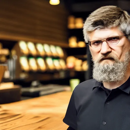 Image similar to ted kaczynski working at starbucks, 4 k, hyper realistic, dslr, landscape, high resolution