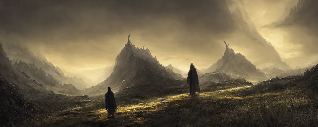 Prompt: a dark wizard as the subject of a landscape artwork where he is walking along an old path leading up to a mountain in the background, the sky is dark and gold, and the mood of this artwork is dull, very detailed concept art, matte painting, digital art, concept art, realistic beautiful, trending on artstation, greg rutkowski