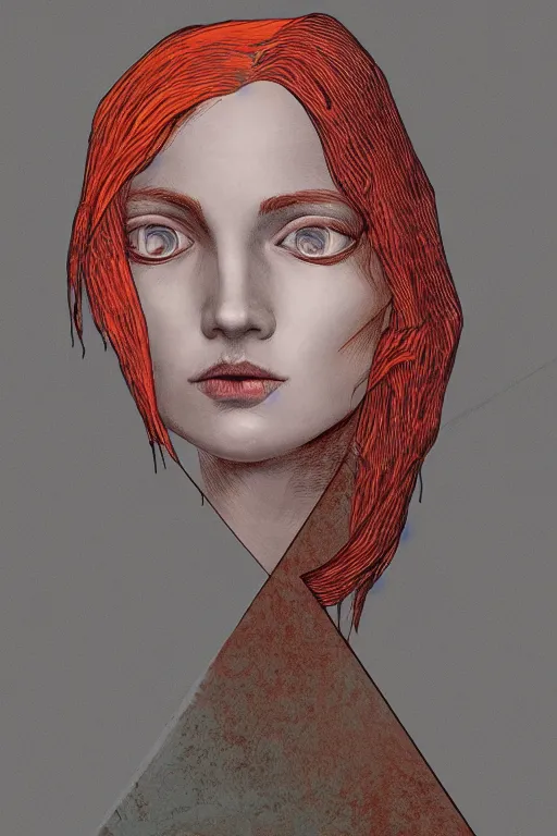 Image similar to portrait of triangle shaped redhead woman head with single bloodshot eye, in the style of Greg Broadmore and Arthur Rackham,trending on artstation, light lighting side view,digital art,surrealism ,macro,blueprint ,vaporwave ,