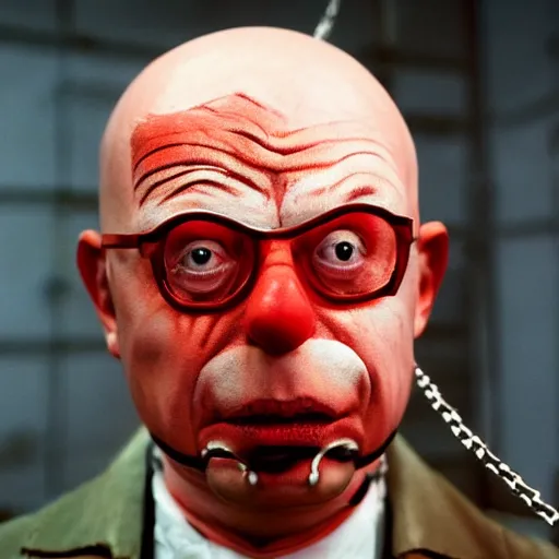 Image similar to UHD candid photo of Klaus Schwab dressed as a prisoner in a chain gang, wearing extremely accurate clown makeup, accurate face, UHD, photorealistic, correct face, photo by Annie Leibowitz