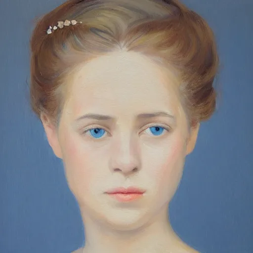 Prompt: portrait painting of a young lady in a light blue dress 1 9 0 0 s entire face shown in great detail, looking at the camera, full body in camera, blonde hair, garden, photorealistic, extreme detail, sharp focus, 8 k, intricate, hyper detailed, realistic, cinematic lighting
