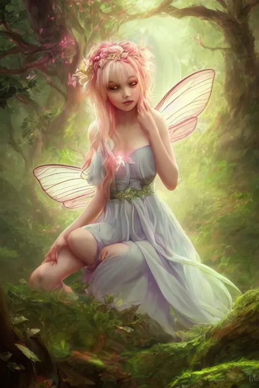 Image similar to a cute fairy in the dreamy forest, fantasy, 8 k resolution, hyper detailed, d & d, character design, digital painting, trending on artstation, sharp focus, illustration, art by artgerm, steve zheng, fuji choko, viktoria gavrilenko, hoang lap