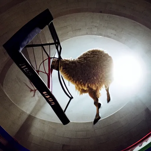 Image similar to film still of a llama in a jersey dunking a basketball, low angle, show from below, tilted frame, 3 5 °, dutch angle, extreme long shot, high detail, indoors, dramatic backlighting.