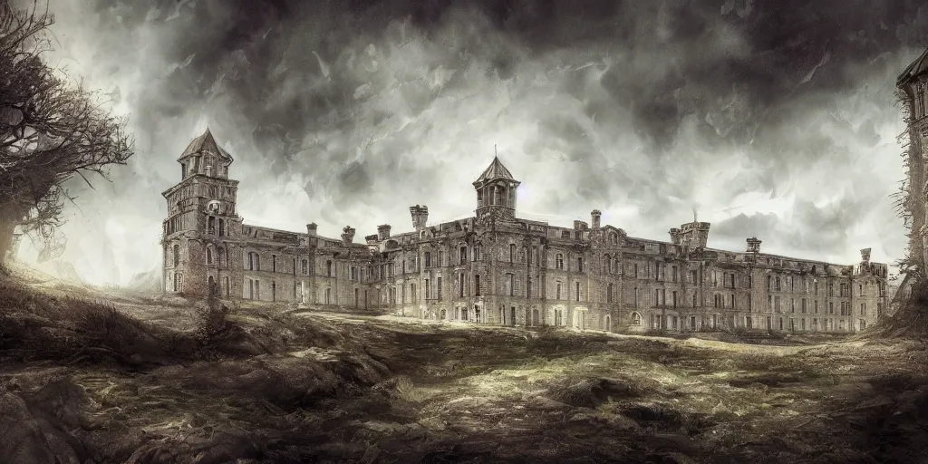 Prompt: Lunatic Asylum, majestic, mysterious, epic scenery, dark fantasy, concept art, wide angle