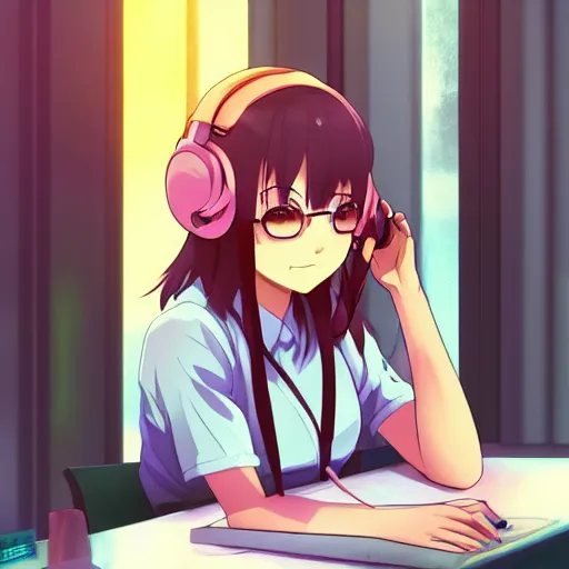 Prompt: high definition anime portrait of an anime girl with pastel colored hair sitting at a desk studying with headphones on, background is a window looking out into a busy Tokyo district, lo-fi art, masterpiece by Makoto Shinkai, trending on artstation, sharp high quality anime, digital art, photoshop, proportionate, ambient lighting, clear facial festures