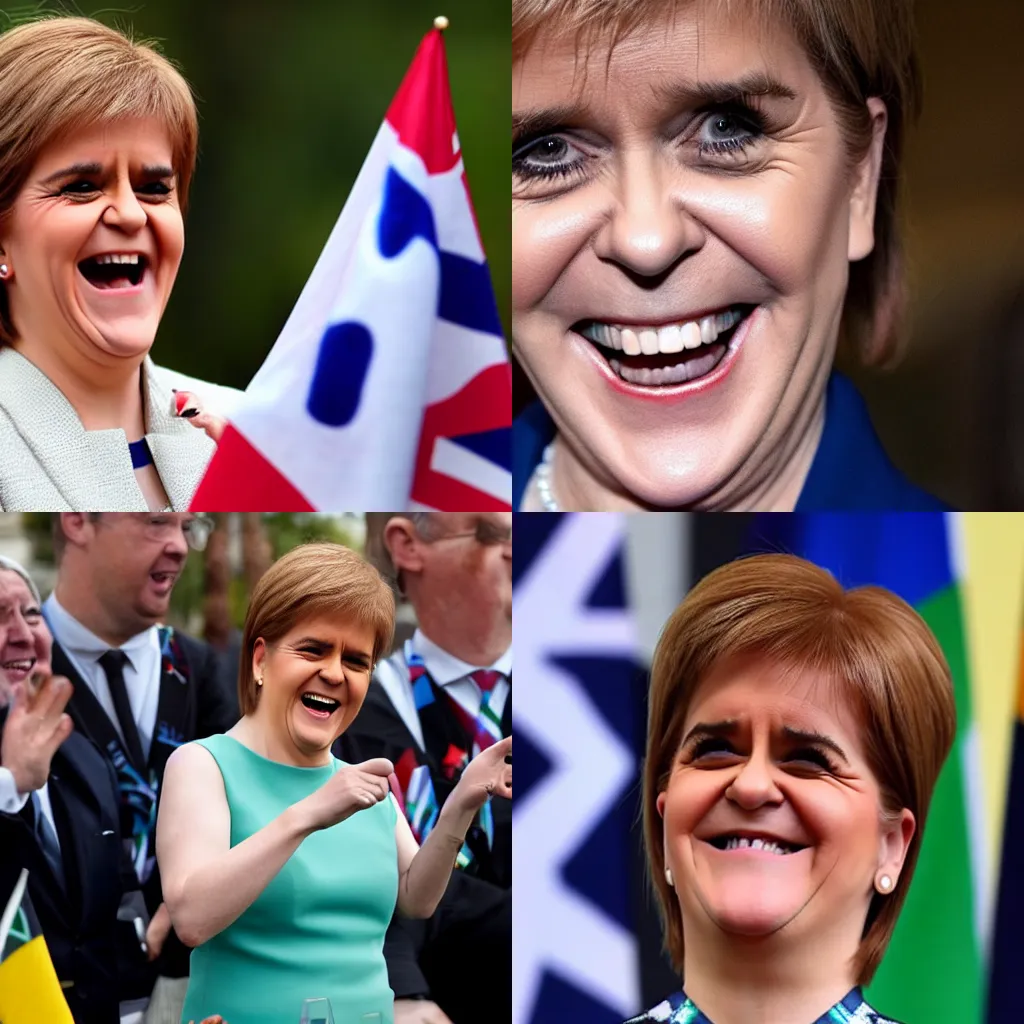 Prompt: Nicola Sturgeon laughing in front of the Scottish flag