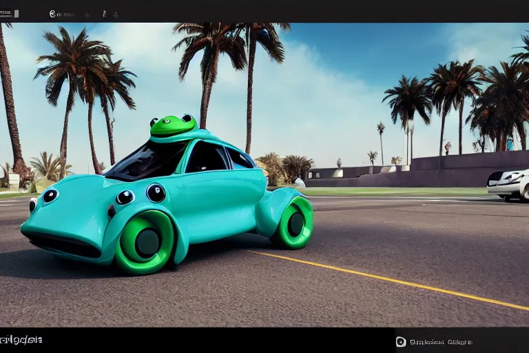 Image similar to frog wearing a suit driving a car in the front seat, palm trees, 3 d render, octane render, unreal engine, hyper detailed