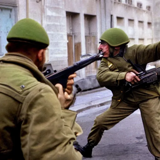 Prompt: fighting on the streets, paris, soviet soldiers against nato soldiers, world war 3, military equipment, image in photorealistic art style, a very high - quality picture taken on camera from the 9 0 s