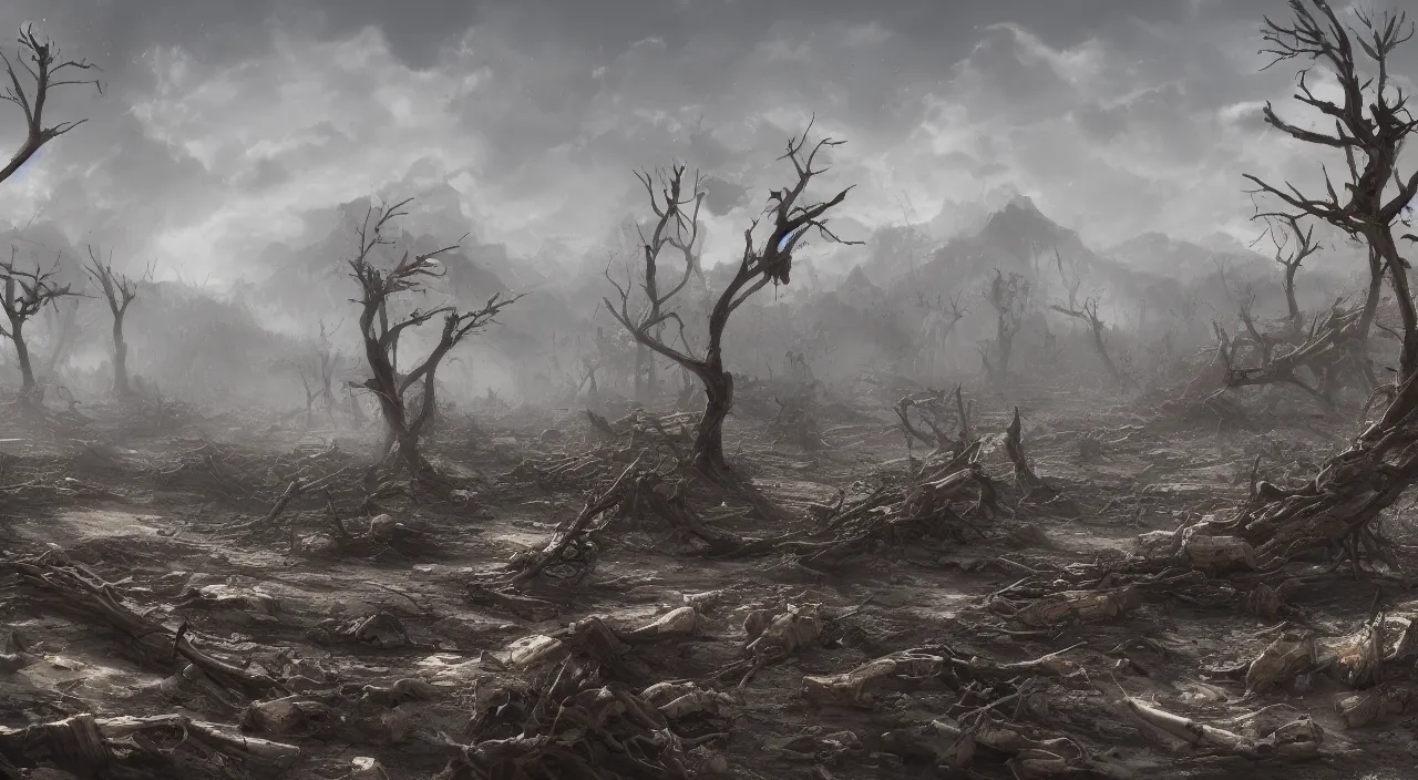 Prompt: Barren wasteland, skeletons of dead animals lying around, toxic waste puddles scattered around, dead trees and shrubs in the back, dust being kicked up, dirty clouds in the sky, hyperdetailed, artstation, cgsociety, 8k