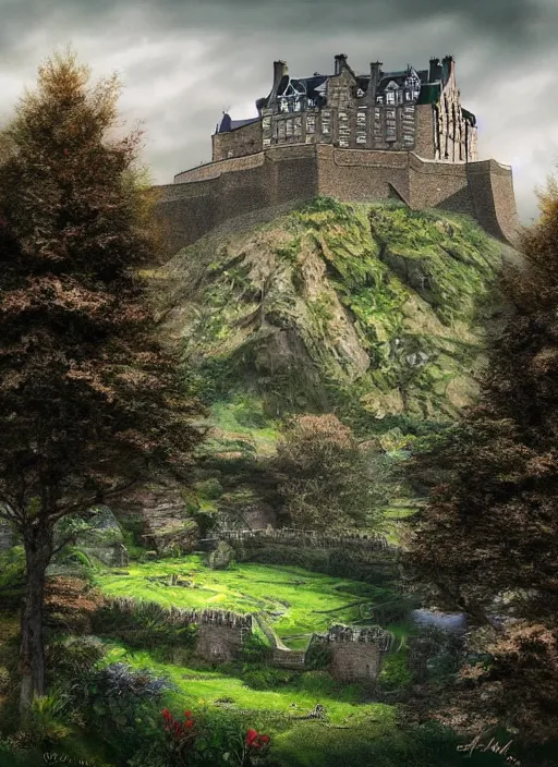 Image similar to a beautiful digital graphics design portrait of Edinburgh castle in Edinburgh. Edinburgh gardens overgrown with plants, caledonian forest, matte painting, fantasy art, highly detailed