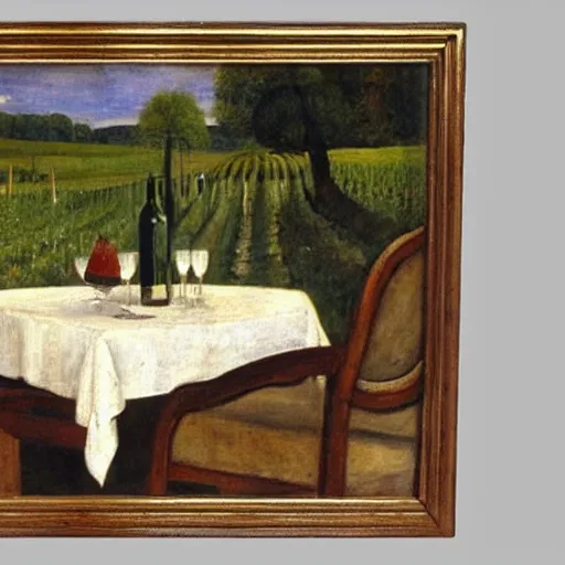 Prompt: warm country landscape in the style of chavannes, with a small table with a bottle of wine and glass in foreground