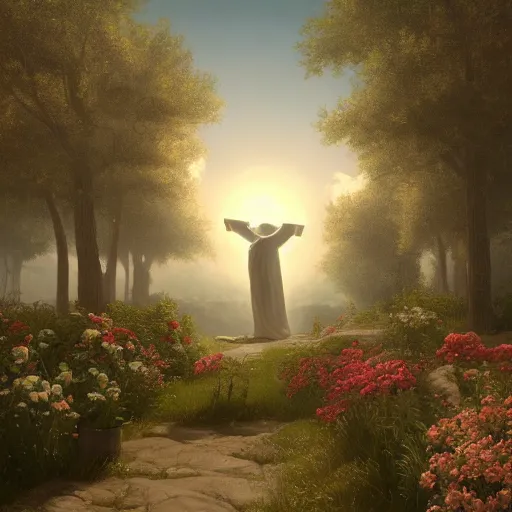 Prompt: A painting depicting the resurrection of Jesus Christ, (Jean Jules Linden), Peter Ilsted, (flowers), (monolith), (((Unreal Engine))), Religious painting,