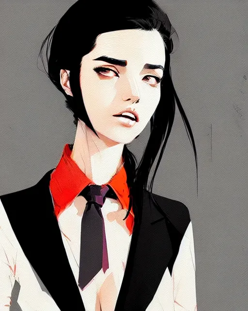 Image similar to a ultradetailed beautiful panting of a stylish woman wearing a shirt with a tie, she has black hair, by conrad roset, greg rutkowski and makoto shinkai, trending on artstation