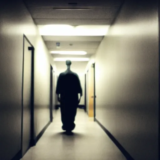 Image similar to a scary and grotesque monster lurking in a hospital hallway. grotesque. scary. dark. low lighting.