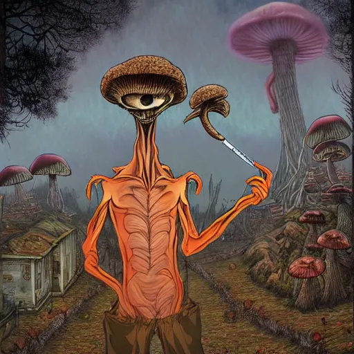 Image similar to a centered chest up portrait of a psychedelic demonic anthropomorphic wendigo smoking a hand - rolled cigarette smoking heavily, magic mushroom village in background. award winning. superb resolution. in the art style of junji ito and greg rutkowski. detailed mushroom city in background. hyper realistic anime. perfect art. dalle 2