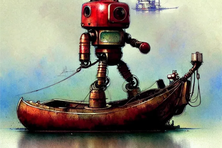 Image similar to adventurer ( ( ( ( ( 1 9 5 0 s retro future robot android mouse house boat tug boat calm stream. muted colors. ) ) ) ) ) by jean baptiste monge!!!!!!!!!!!!!!!!!!!!!!!!! chrome red