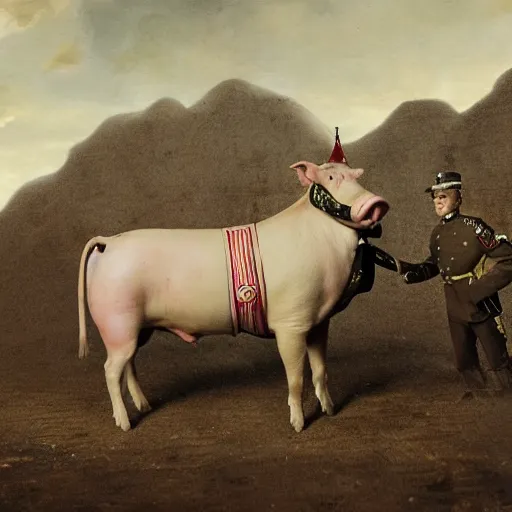 Image similar to matte painting of a pig headed general wearing uniform