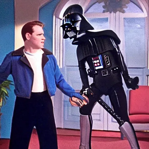 Prompt: Archie Andrews meets Mr. Weatherbee who is dressed as Darth Vader, movie still from Star Wars