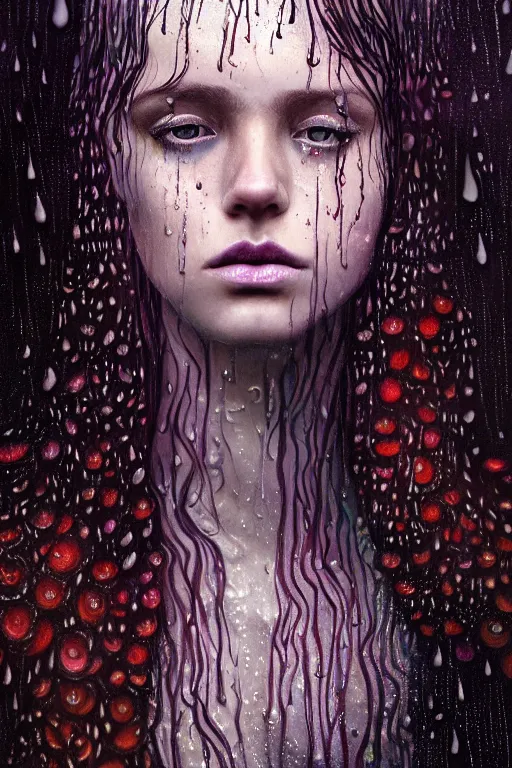 Image similar to portrait of a girl upside down psychedelic LSD rain with wet hair and face, fantasy, intricate, elegant, dramatic lighting, emotionally evoking symbolic metaphor, highly detailed, lifelike, photorealistic, digital painting, artstation, concept art, smooth, sharp focus, illustration, art by John Collier and Albert Aublet and Krenz Cushart and Artem Demura and Alphonse Mucha