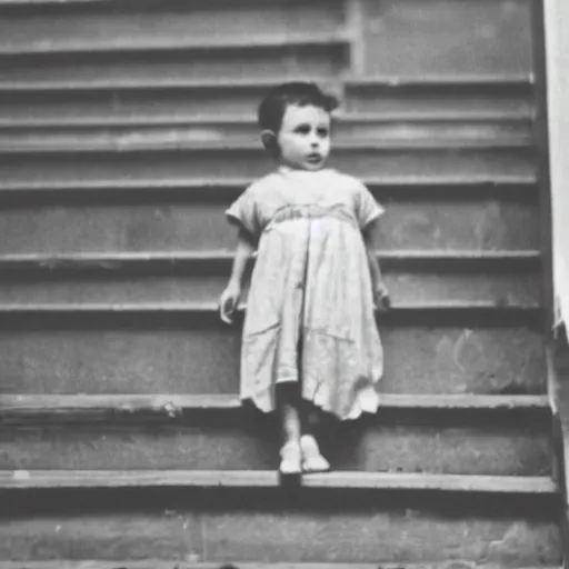 Image similar to old photo, faceless child at the top of a staircase, peering over