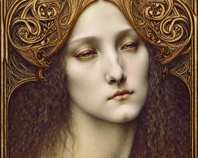 Image similar to detailed realistic beautiful young medieval queen face portrait by jean delville, gustave dore and marco mazzoni, art nouveau, symbolist, visionary, gothic, pre - raphaelite. horizontal symmetry