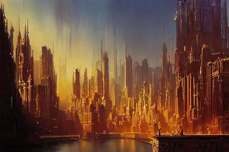 Prompt: city of golden shadows, intricate detailed painting, cityscape, john harris