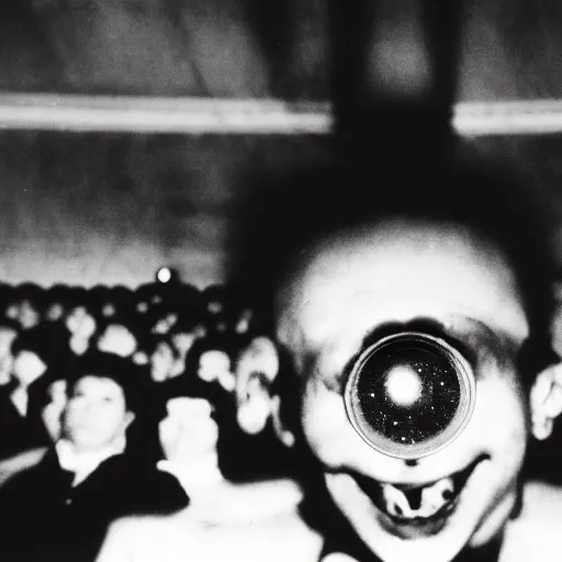 Prompt: audience smiling to the stage, creepy, eyes glowing, vintage, 8 mm, found footage