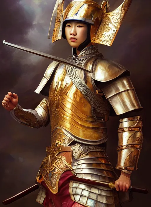 Prompt: a portrait of a beautiful young chinese warrior in armor, by artgerm, nick silva, ja mong, greg rutkowsky, oil painting, soft painting, photorealism, skin reflections