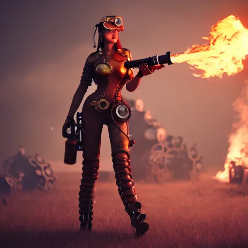 Image similar to female steampunk warrior with a flamethrower, 4k, HDR, award-winning, landscape, octane render, artstation