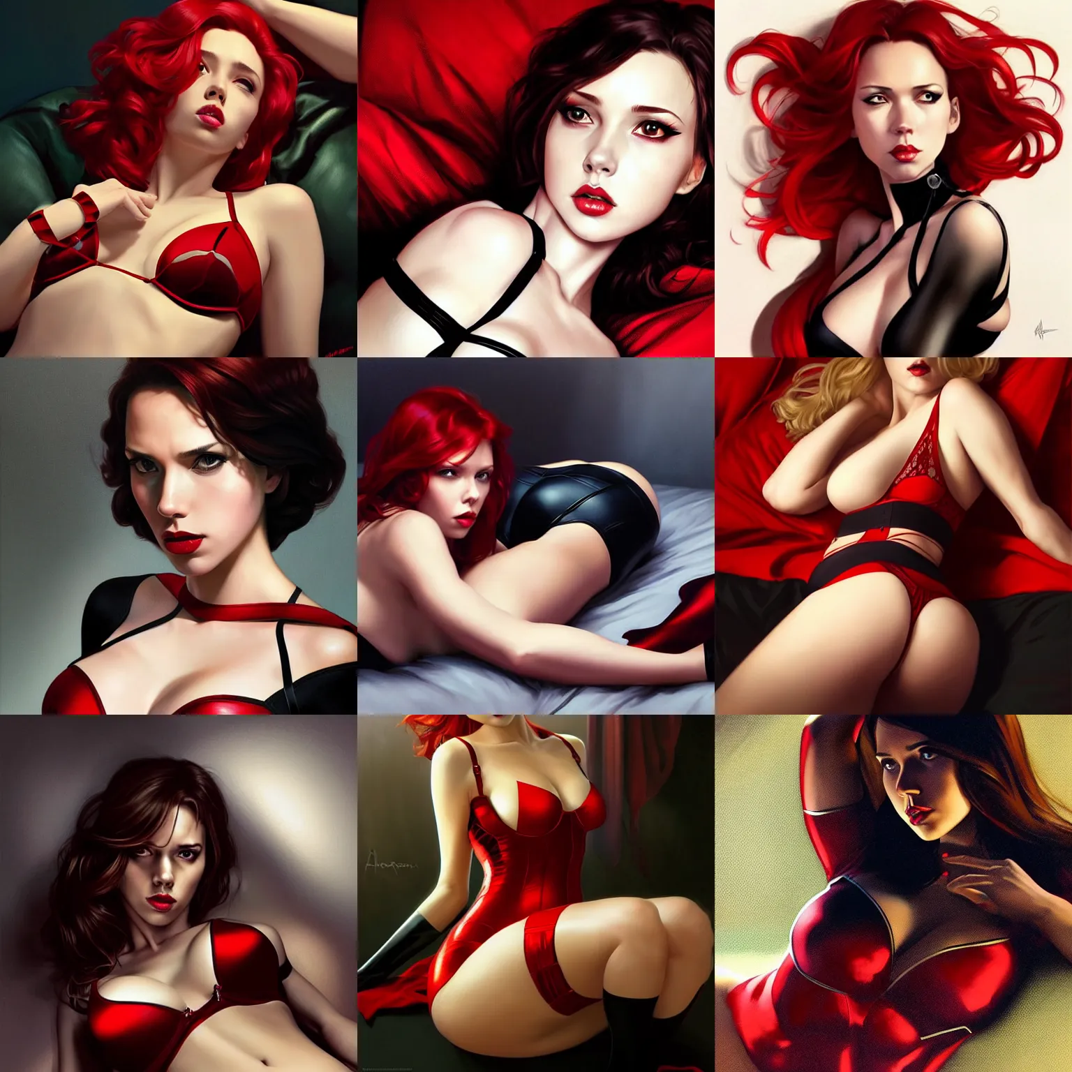 Prompt: striking character concept portrait, black widow, laying down with wrists together, bright red shiny lingerie, slim, curvaceous, inquisitive. detailed expression, high quality, very dark lighting, many shadows, high contrast, fantasy, reflective, spotlight. digital artwork by artgerm and wlop and alex ross and alphonse mucha, trending on artstation