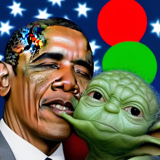 Image similar to obama and yoda kissing with tongue at sunrise