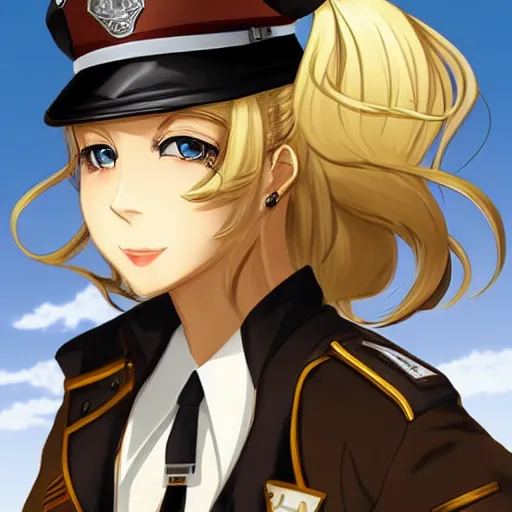Image similar to steampunk police officer portrait, anime, anime girl, dirty blond, long hair, brown officer hat, finely detailed, smug,