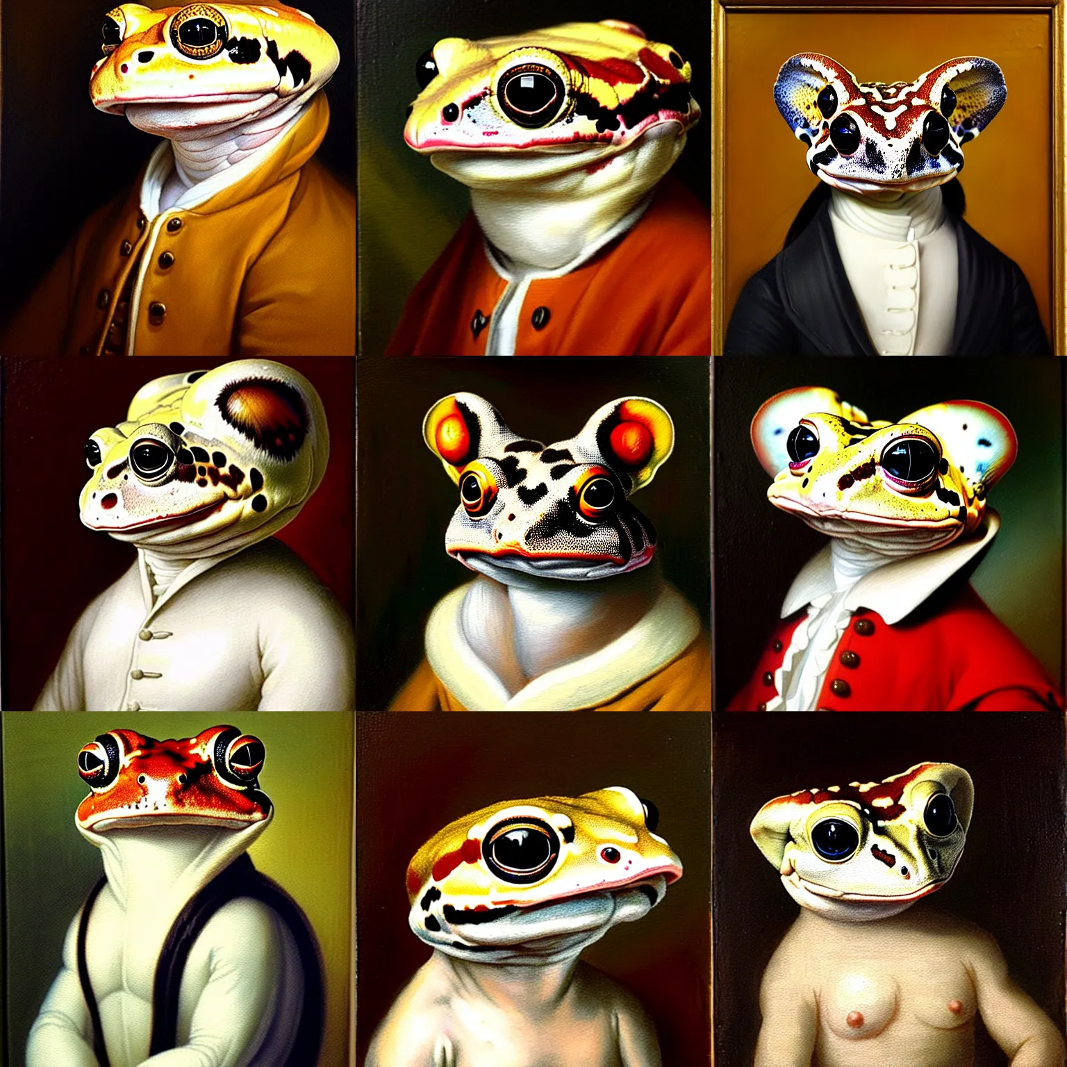 Prompt: a head and shoulders portrait painting of an anthropomorphic!!!!!!!!!! amazon milk frog!!!!!!!!!! wearing a colonial outfit without a hat looking off camera, a character portrait, neoclassicism, oil on canvas, visible brushstrokes